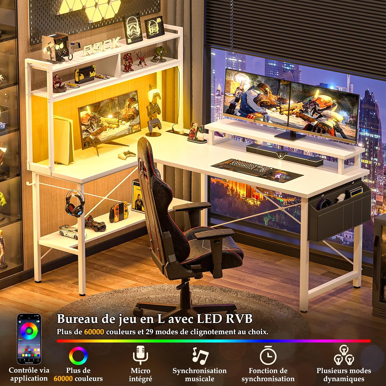 Thumbnail 2 de iSunirm Bureau Gaming en L 125x90x75 cm