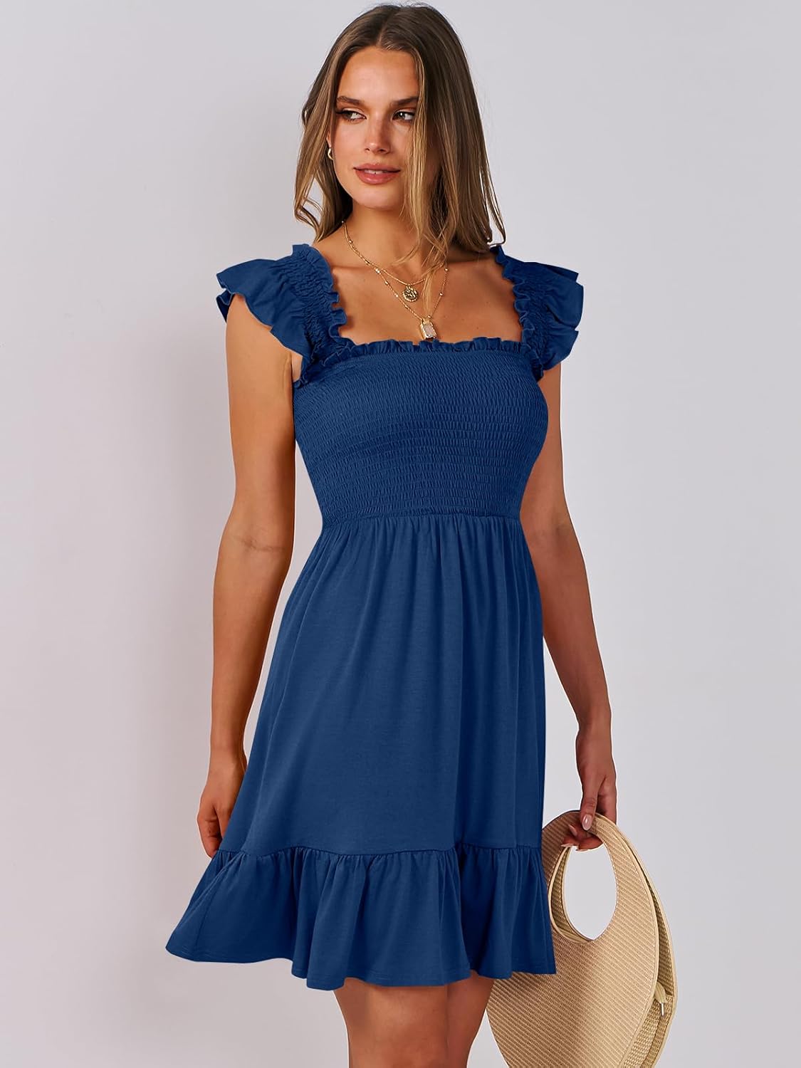 Detalle de ANRABESS Women’s Summer Casual Sleeveless Square Neck Dress with Smocked Ruffle Back (Boho Beach Short Sundress)