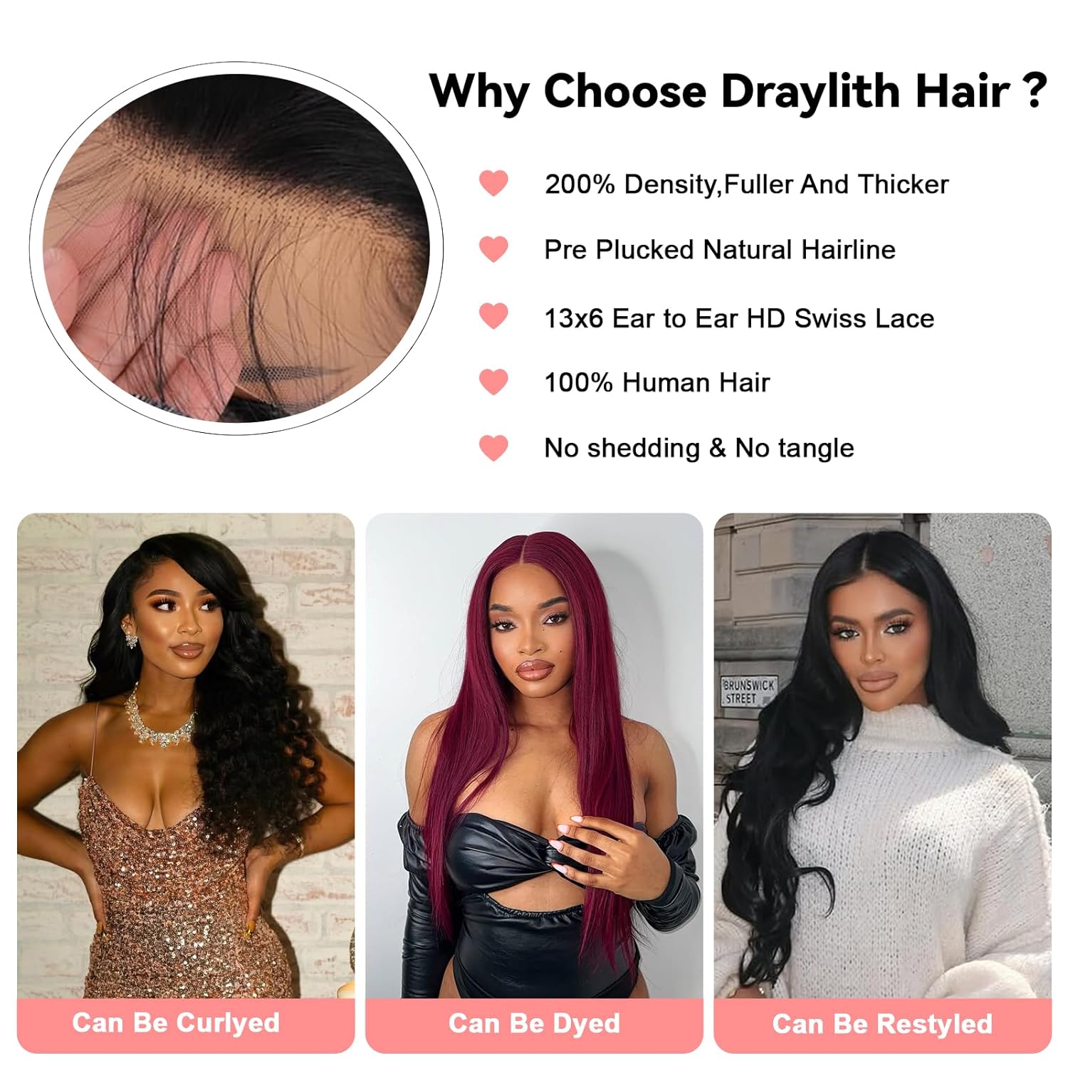 Detalle de Draylith 30 Inch 13x6 HD Lace Front Human Hair Wig, 200 Density, Glueless & Pre-Plucked