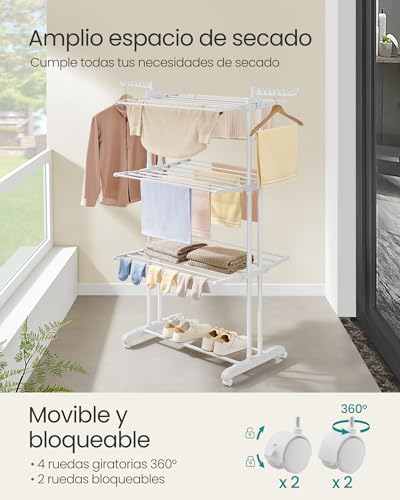 Detalle de SONGMICS Tendedero Plegable de 4 Niveles con Ruedas y Alas Plegables