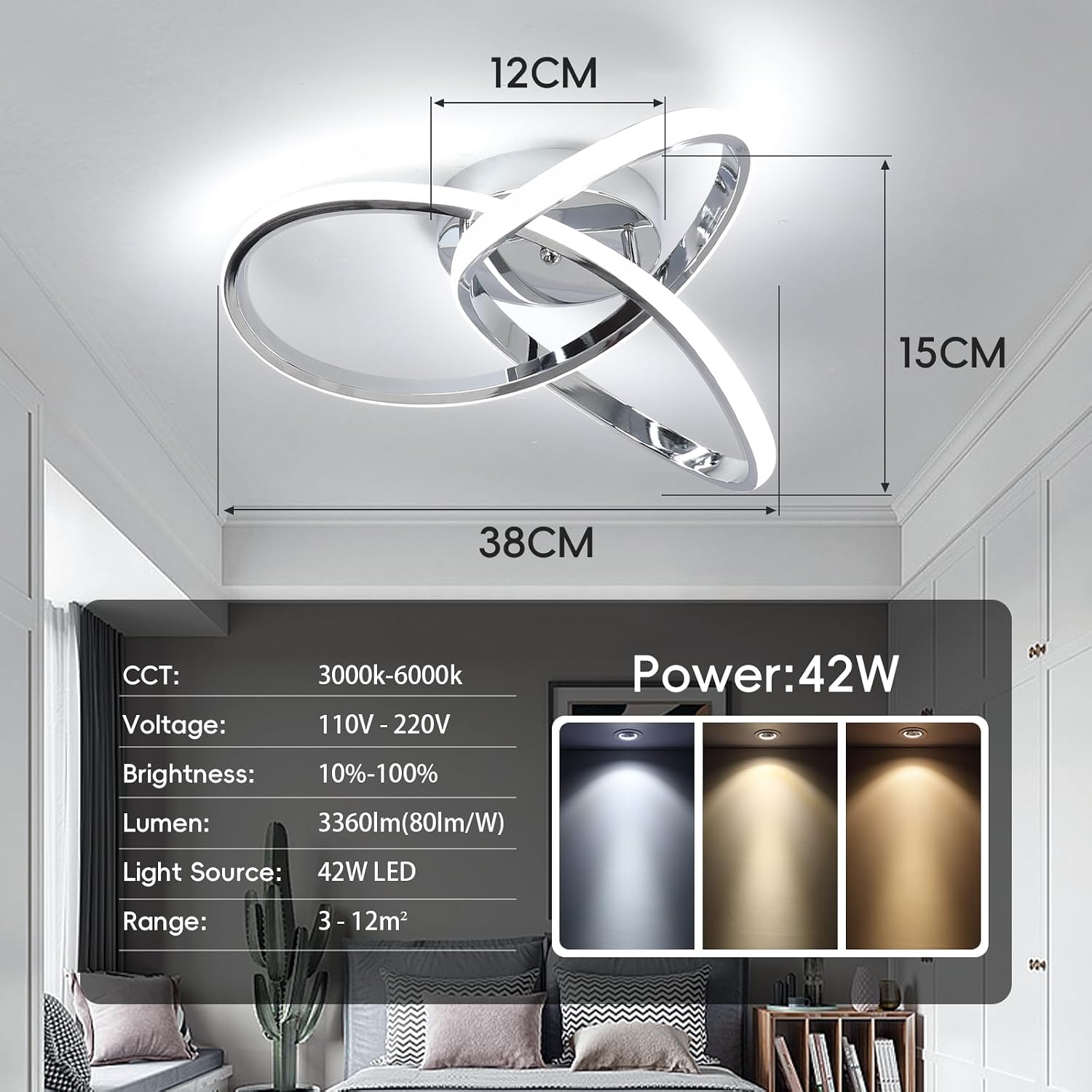 Detalle 2 de EIDISUNY 42W Dimmable LED Ceiling Light with Remote Control (40cm, 3000K–6000K, Chrome)