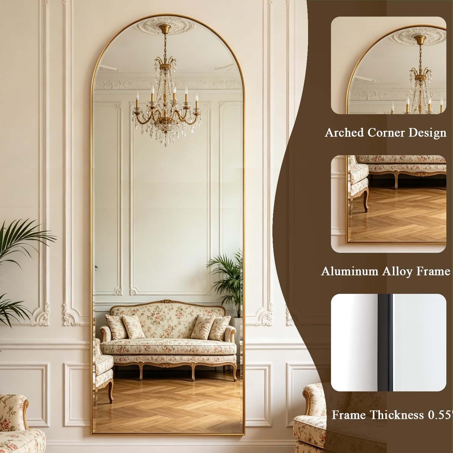 Detalle 2 de NEUWEABY 56" x 21" Arched Full-Length Floor Mirror, Gold Frame