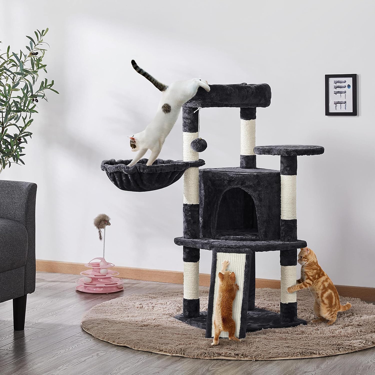 Detalle de Yaheetech Kratzbaum Stabiler Katzenbaum – Höhe 107 cm, mit Höhle, Plüsch und Sisal, für 2–3 Katzen