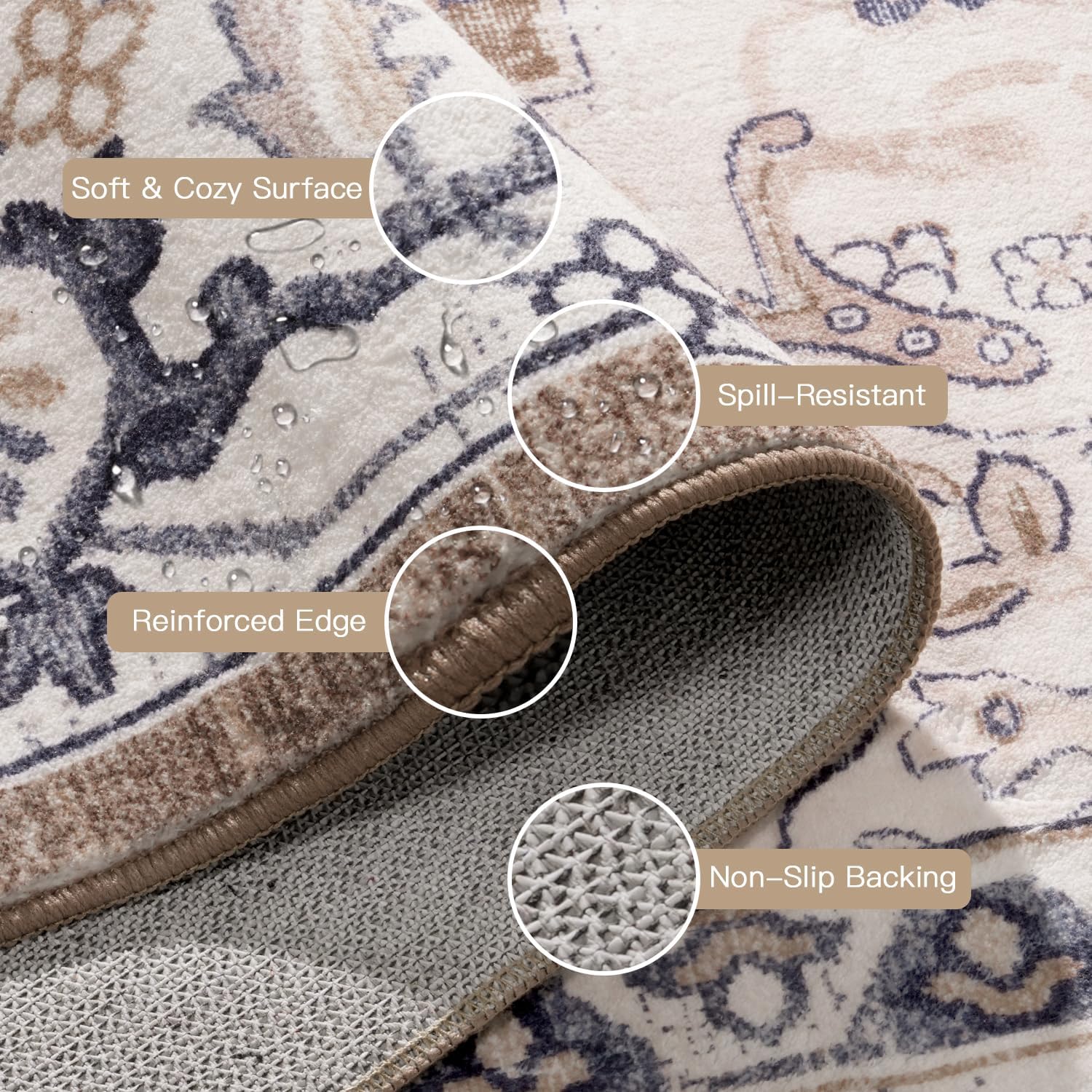 Thumbnail 5 de Lofus 8x10 Washable Vintage Boho Area Rug (Low Pile, Non-Slip) — Floral Brown