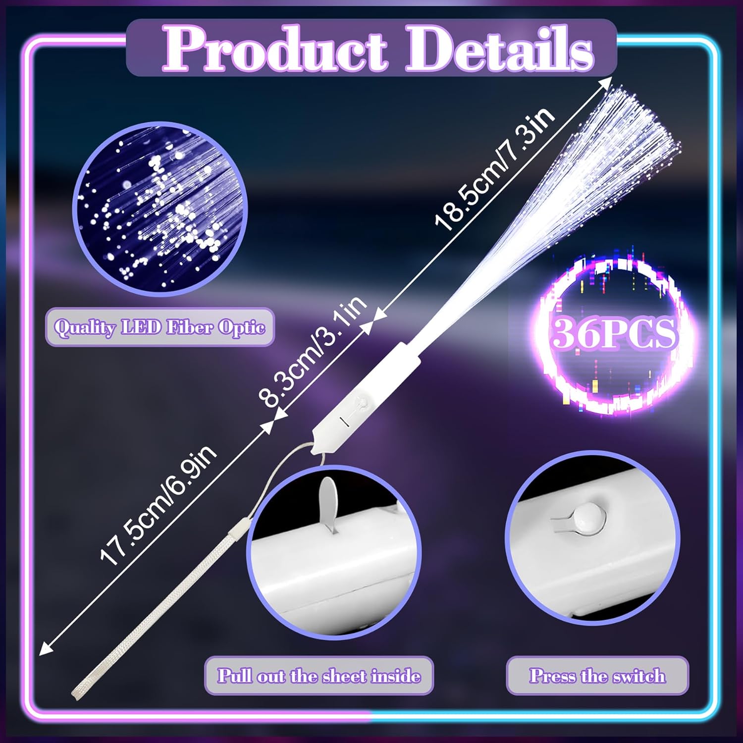Detalle 2 de YeahBoom 36 Leuchtwedel für Hochzeit & Party – LED-Glasfaserstäbe mit Blinkmodi