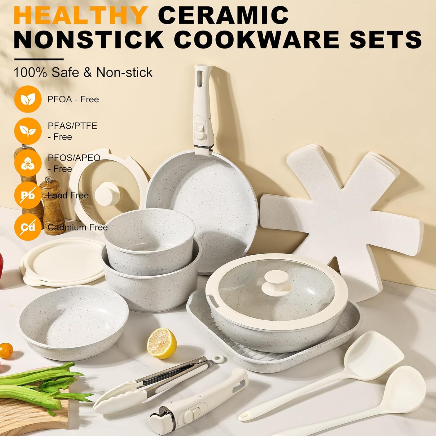 Thumbnail 1 de Tibbicc 20-Piece Ceramic Nonstick Pots and Pans Set with Detachable Handle (White)