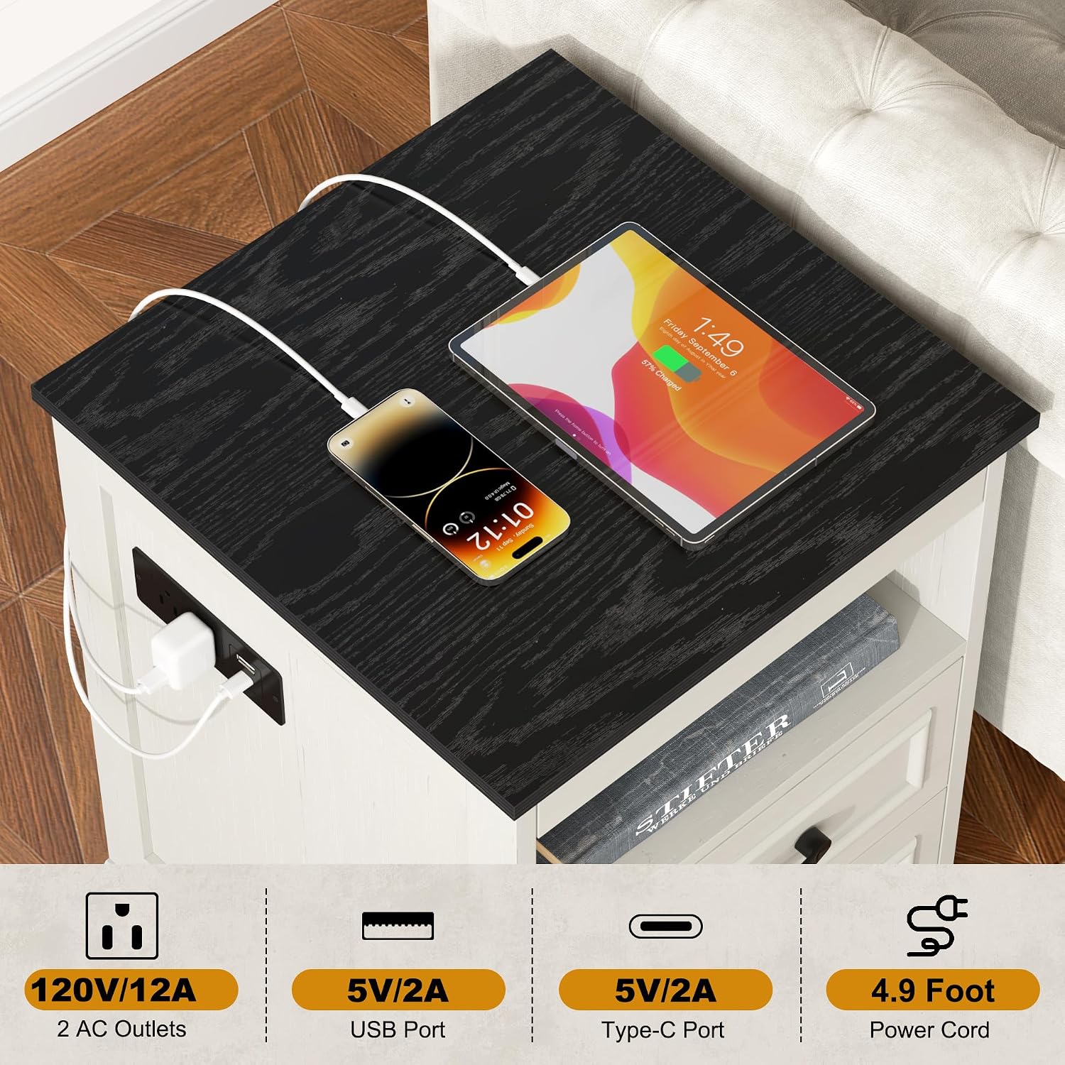 Thumbnail 5 de Yusong Nightstands Farmhouse Bedside Table with Charging Station and 2 Drawers