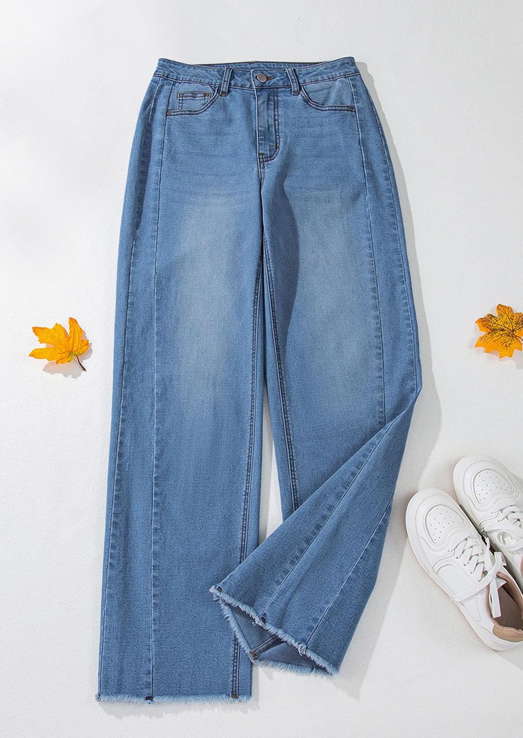 Detalle de PRETTYGARDEN Women's Wide-Leg Jeans with Stretch, High Waist and Raw Hem