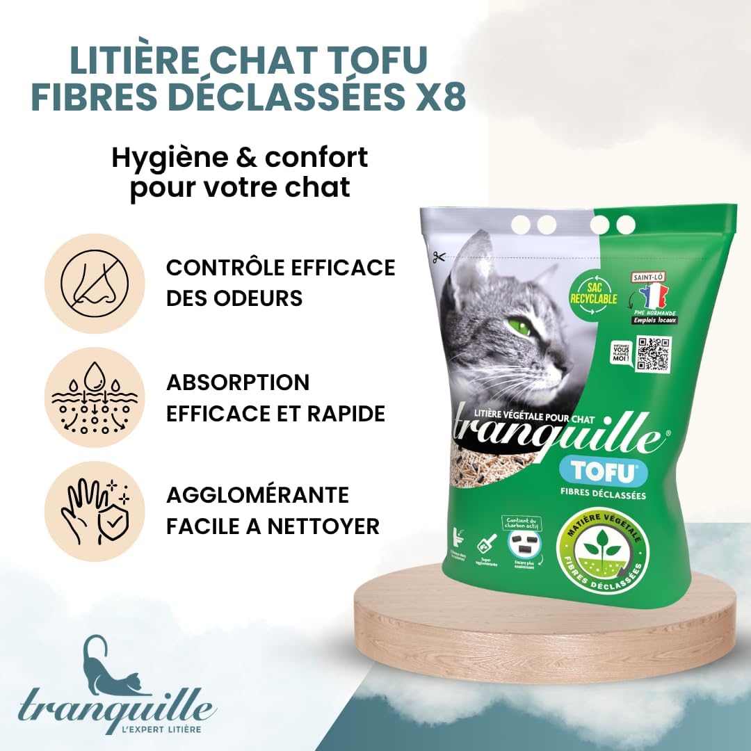 Detalle 2 de Tranquille żwirek tofu z recyklingu, 8 × 4 l, bez zapachu i z węglem aktywnym