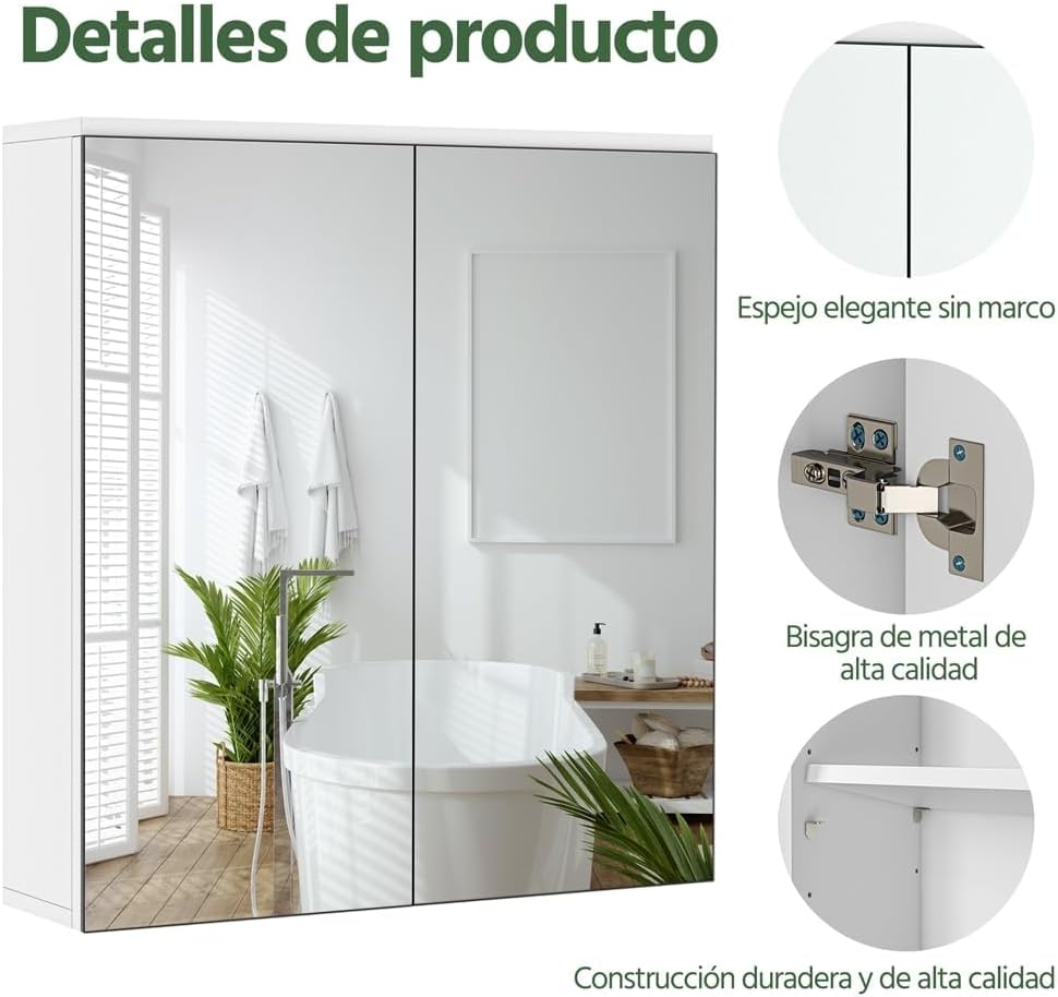 Thumbnail 4 de Yaheetech Specchio Contenitore Bagno con 2 ante e ripiano regolabile, mobile da parete 65 x 63 x 15 cm
