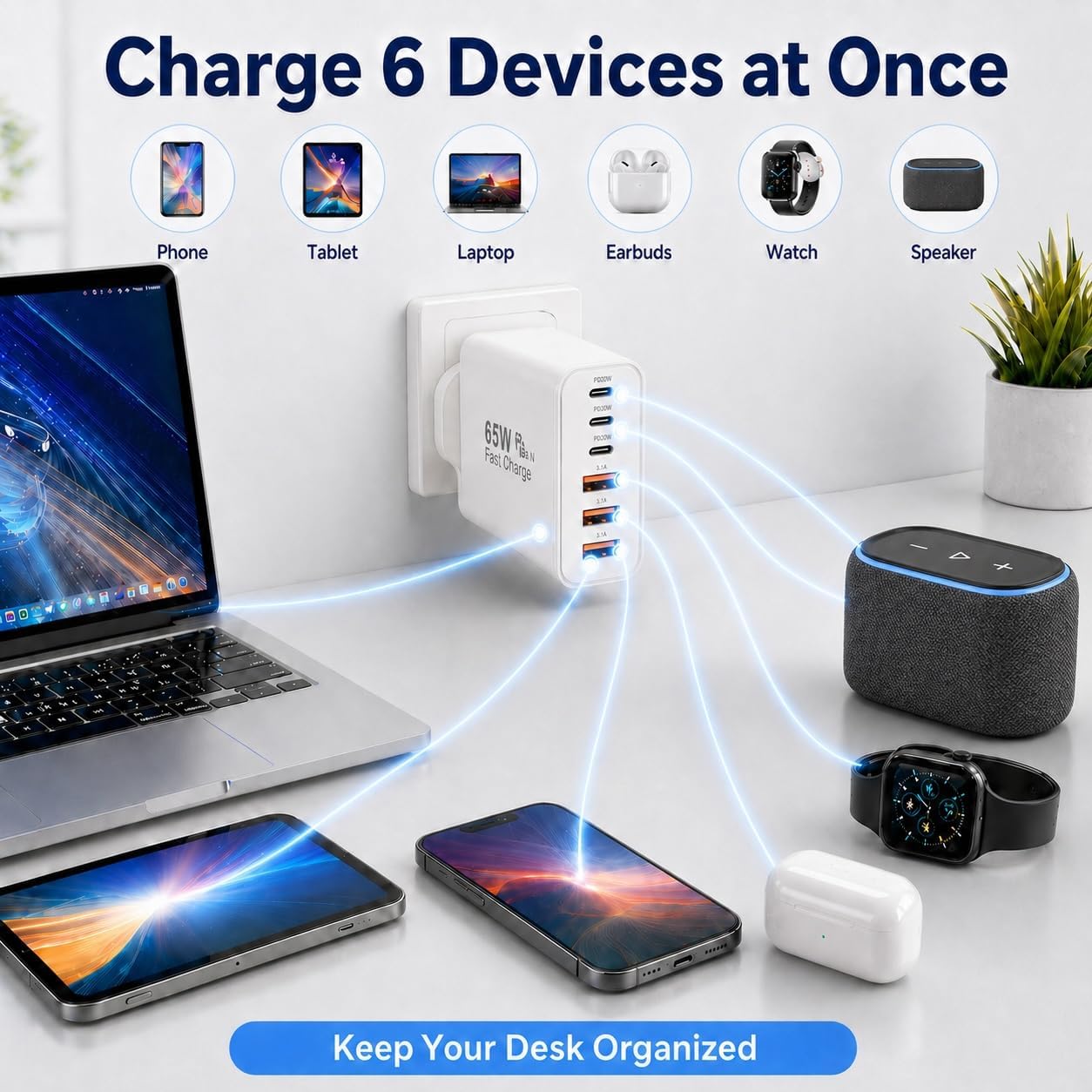 Thumbnail 6 de USB C Fast Charger UK Plug 65W 6-Port (3 Type C + 3 USB A) Multi-Port Wall Power Adapter