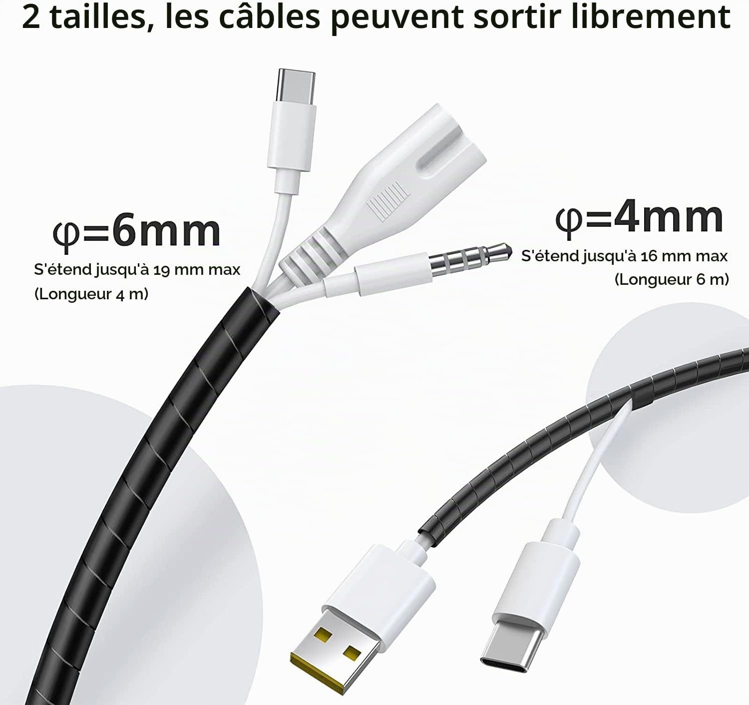 Detalle de AGPTEK CSR01 spiraalslang voor kabels, PE, zwart, 4 m en 6 m