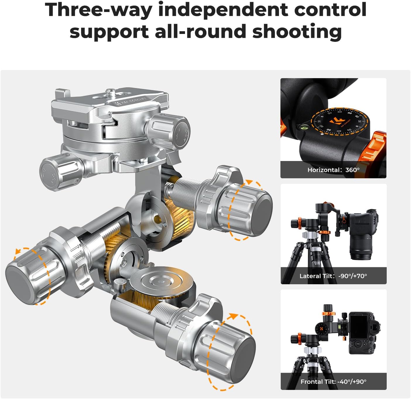 Thumbnail 1 de K&F Concept Geared Tripod Head: 360° Panoramic 3-Way Ballhead (6kg) with Quick Release Plate