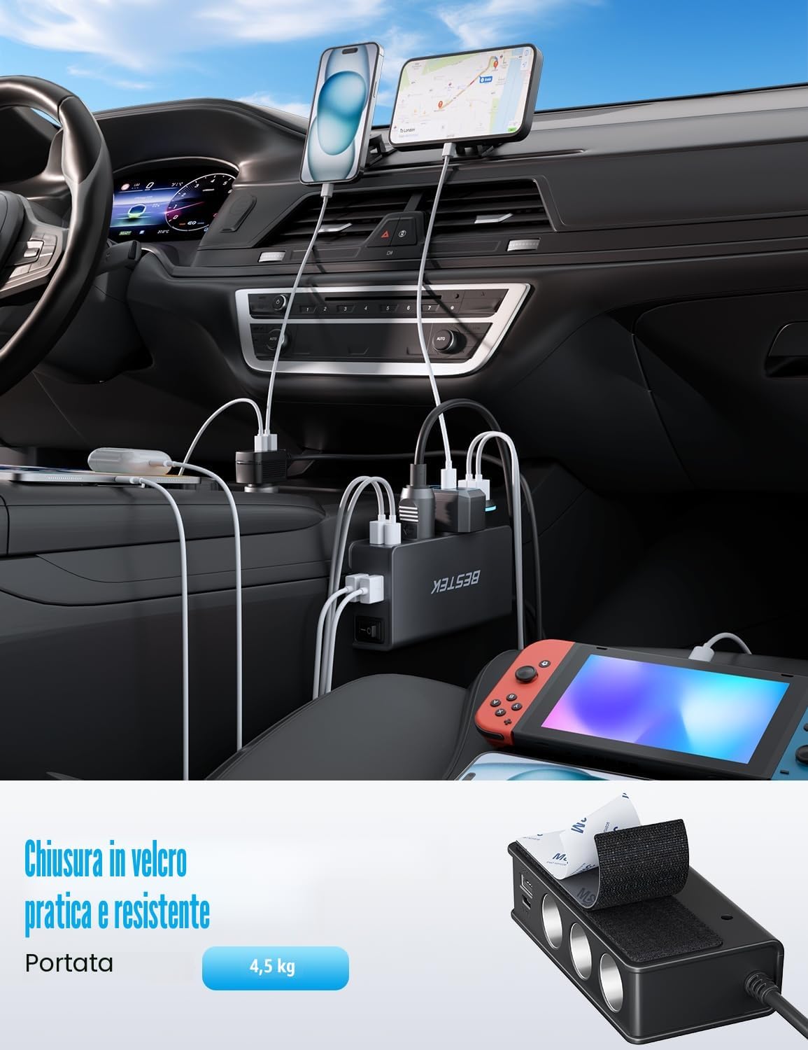 Thumbnail 5 de BESTEK Caricatore Auto 180W 9in1 USB-C PD QC3.0