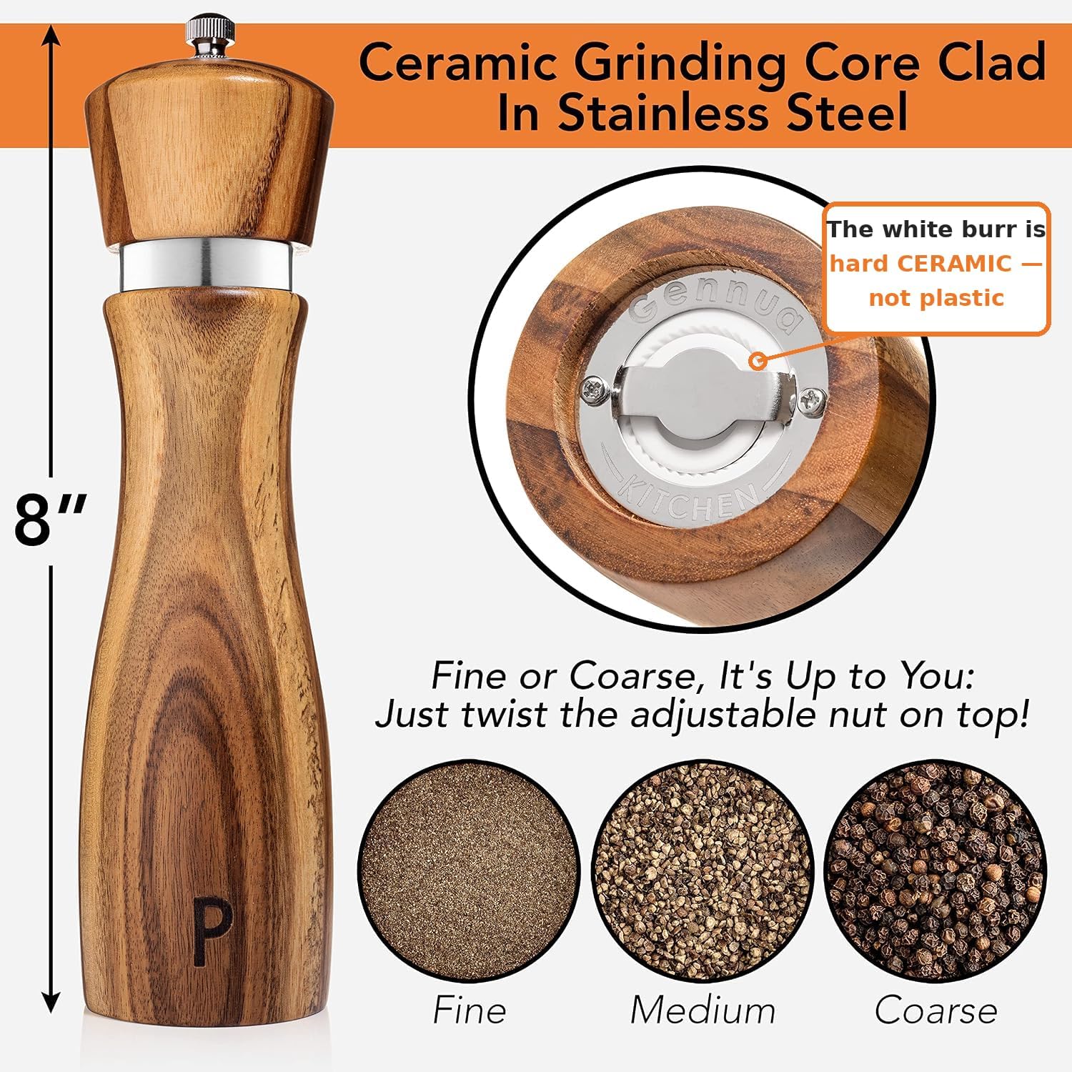 Detalle de Gennua Kitchen Wooden Salt and Pepper Grinder Set: Refiller, Adjustable Coarseness, 8-Inch Acacia Wood Mills