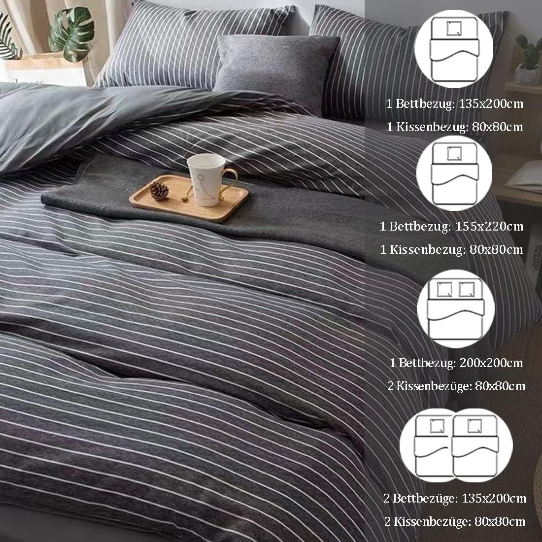 Detalle de Nesture Bettwäsche-Set 135x200 (2-teilig) aus 100% gewaschener Baumwolle, grau gestreift