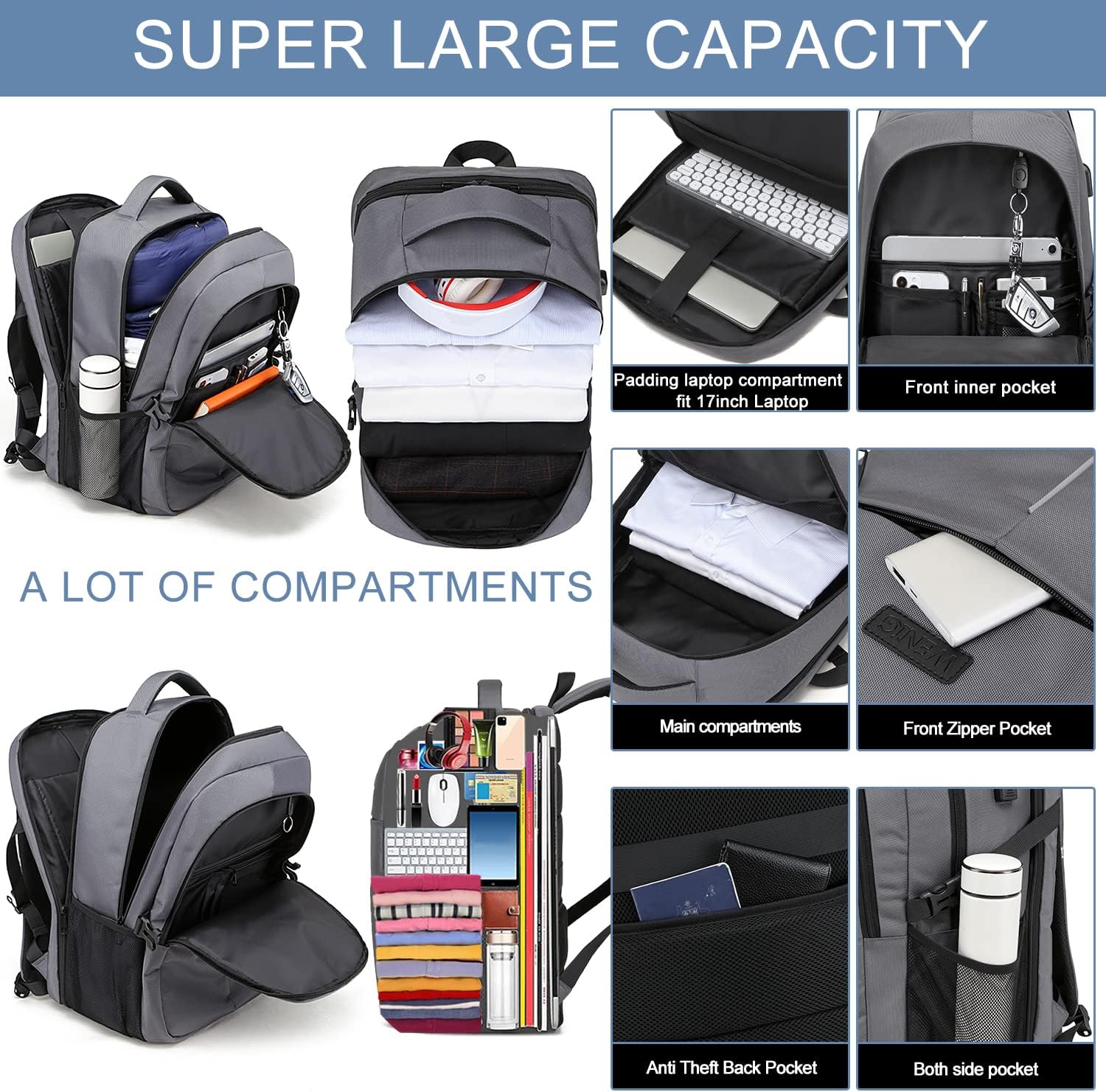 Detalle de Extra Large Rucksack for Men 50L: 17.3-Inch Travel Laptop Backpack with USB Port and Anti-Theft Design