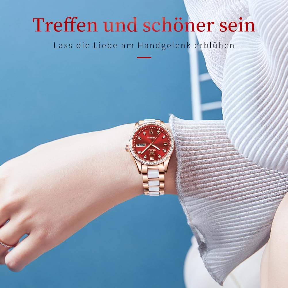 Detalle de OLEVS Damen Automatik-Quarz-Uhr Diamant-Lünette, Zwei-Ton Armband aus Edelstahl & Keramik, 30 m wasserdicht
