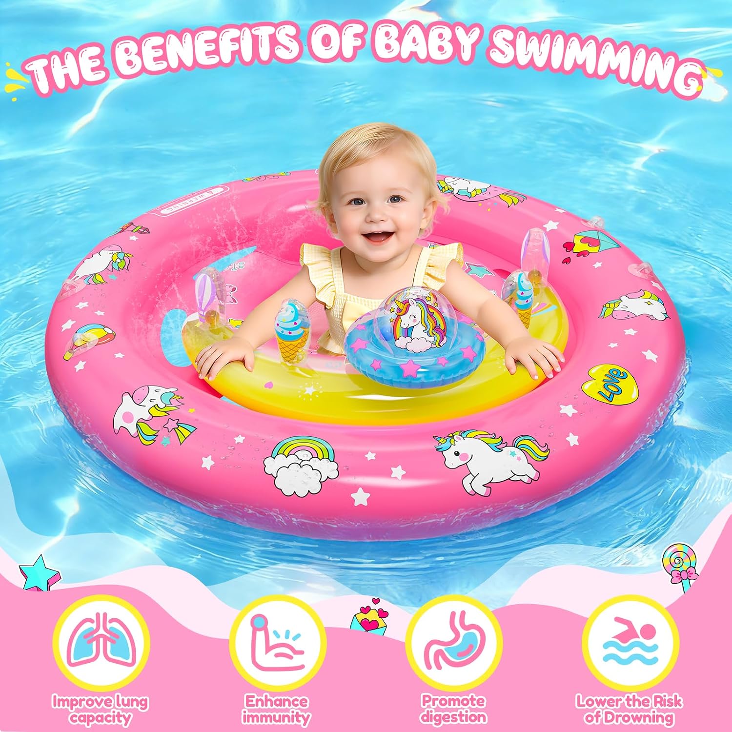 Thumbnail 2 de Enchanting Unicorn Baby Pool Float with Canopy and Toy Console