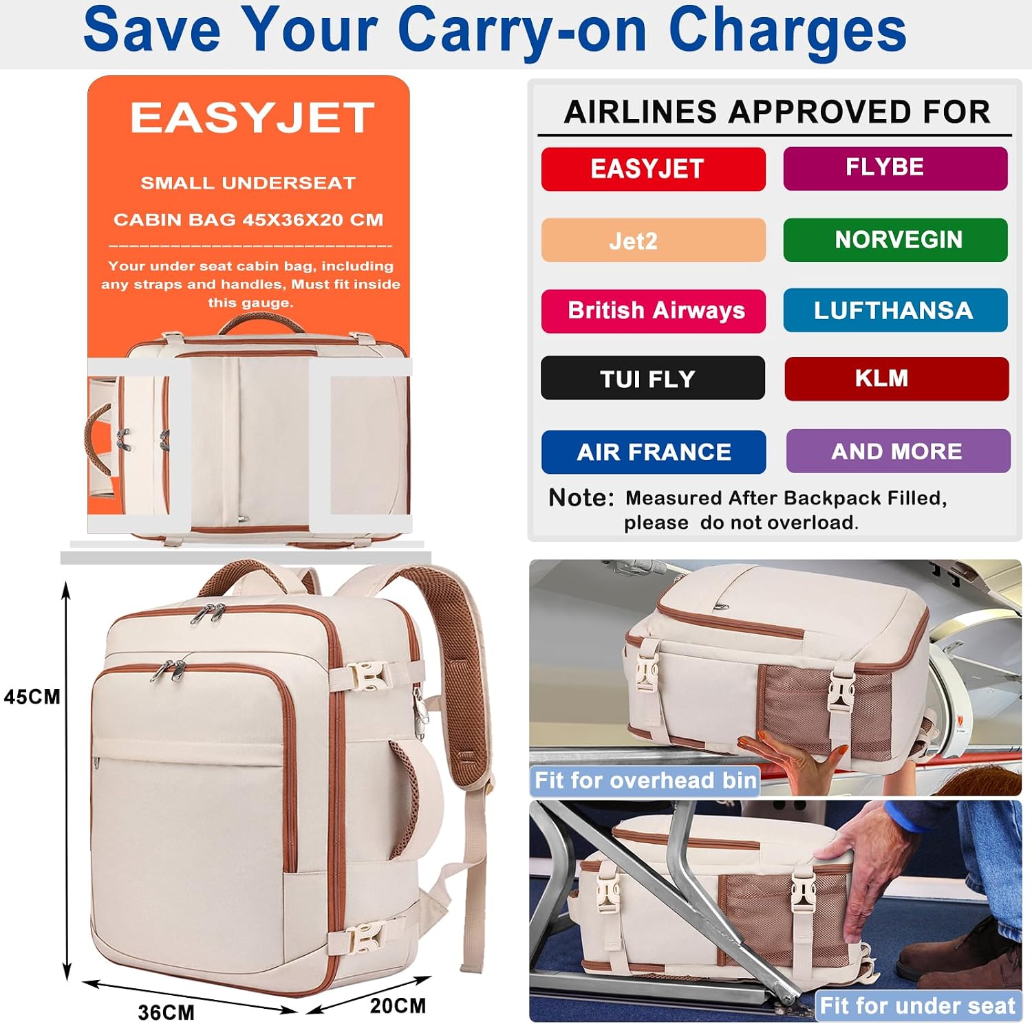 Detalle 2 de ENZOSUM Cabin Bag 45x36x20 (30L) Beige underseat hand luggage backpack for 15.6-inch laptops