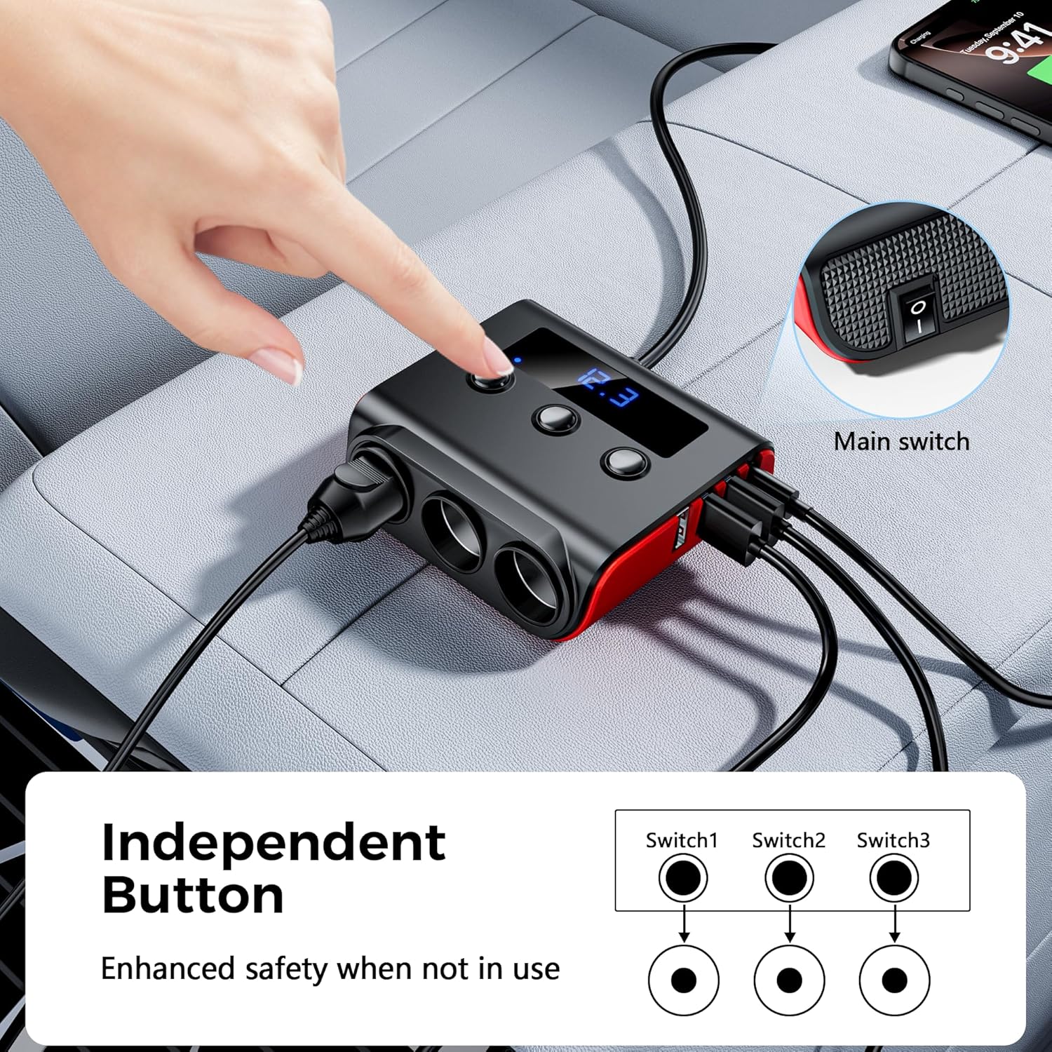 Thumbnail 6 de SONRU 180W 7-in-1 Cigarette Lighter Adapter with PD/QC3.0, Dual USB-A, Independent Switches and LED Display