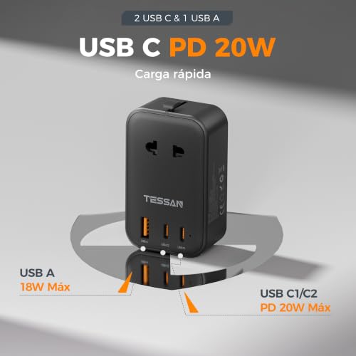 Detalle de Adaptador Enchufe Universal Plano TESSAN 4 en 1 con 2 puertos USB-C y USB-A