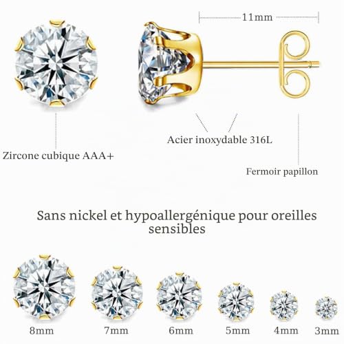 Detalle de BVLAGIDA: Ensembe de 6 paires de clous d’oreilles en acier inoxydable avec zircone cubique (3–8 mm)