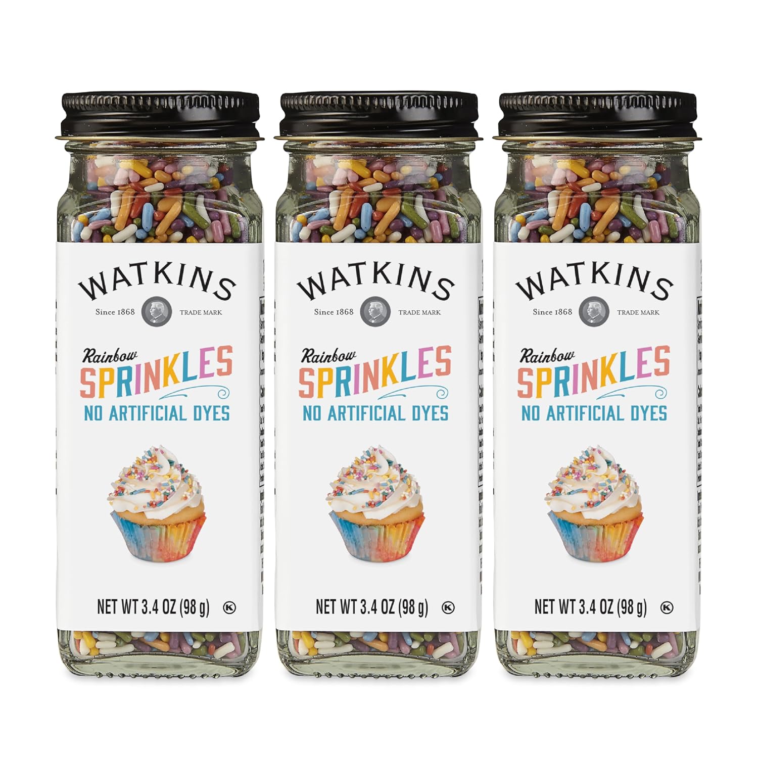 Detalle de Watkins Rainbow Decorating Sprinkles, 3.4-Ounce Jars, 3-Pack, Dye-Free