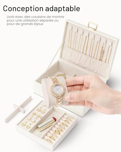 Detalle de VLANDO Boite à bijoux à 2 couches avec 2 coussins pour montres – Coffret élégant et spacieux