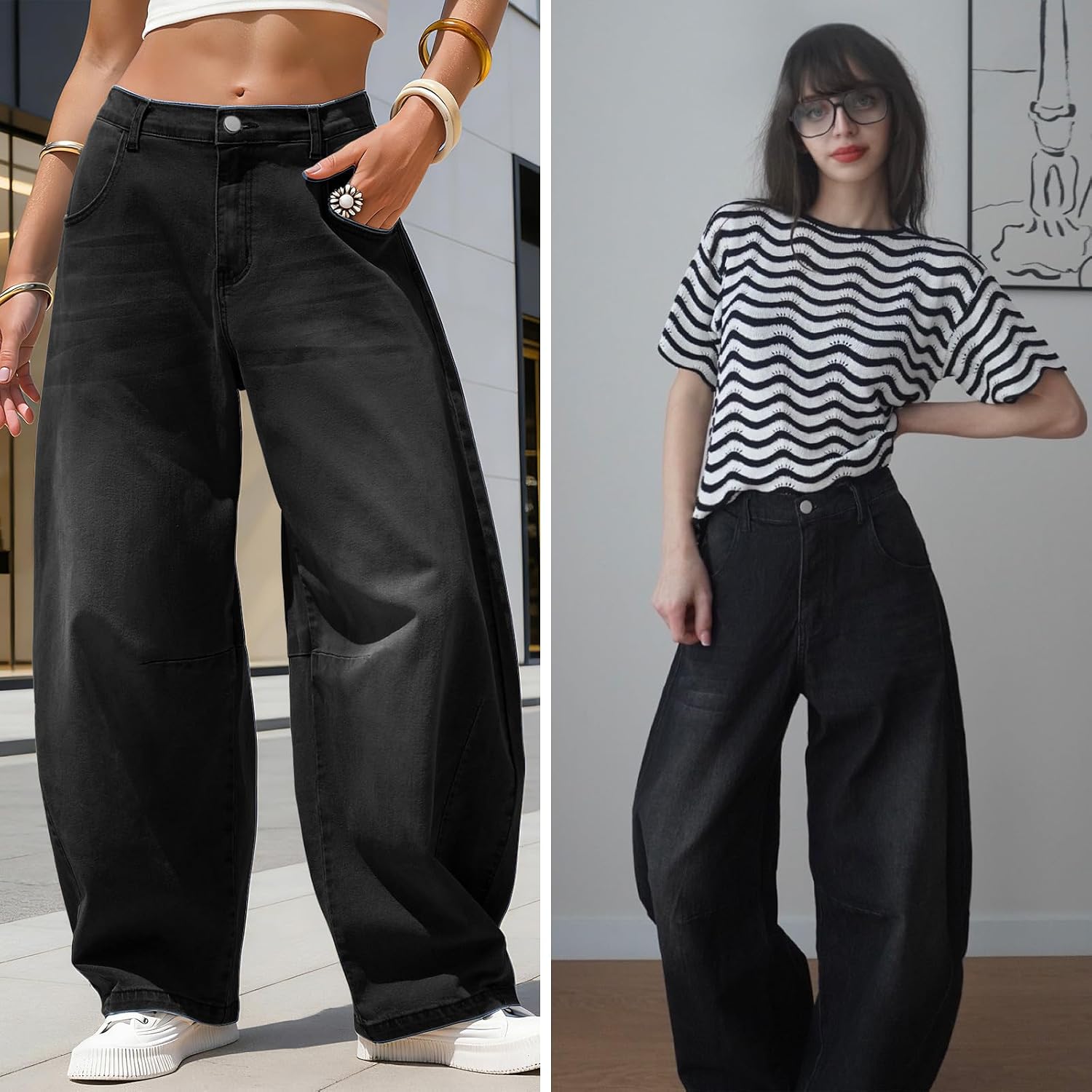 Detalle 2 de EXLURA Womens Barrel Jeans Wide Leg Y2K Boyfriend Denim Pants