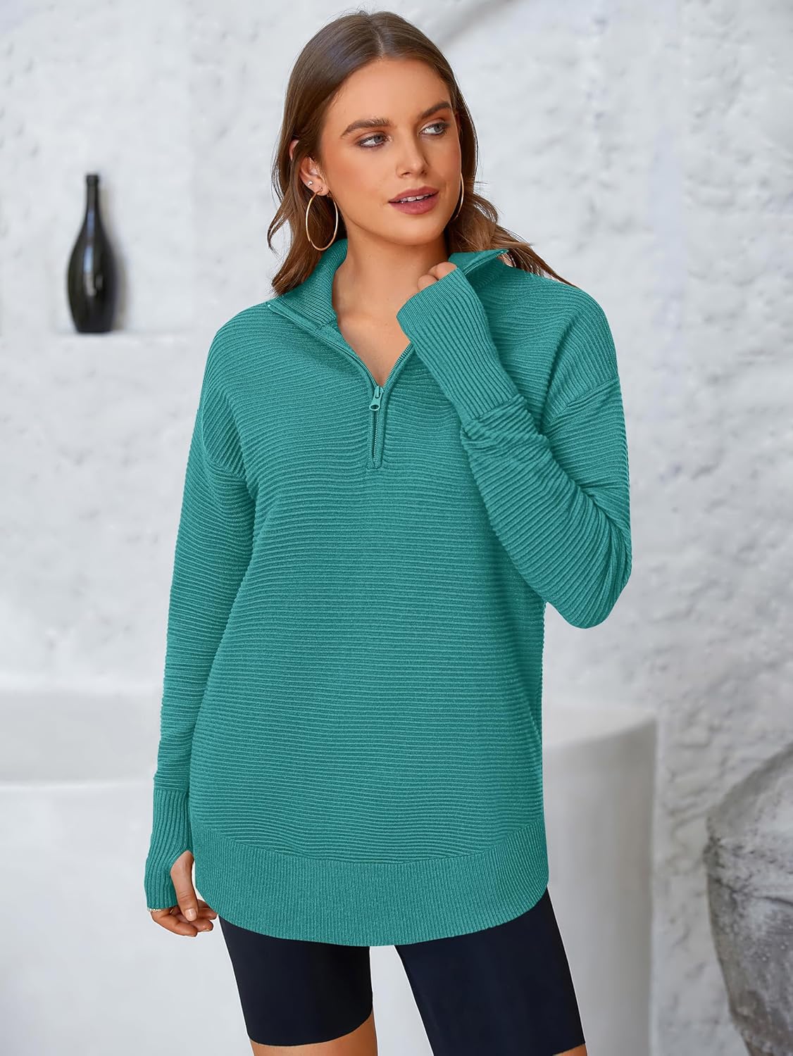 Thumbnail 1 de PRETTYGARDEN Women’s Long Sleeve Quarter Zip Ribbed Knit Pullover Sweater with Thumb Holes