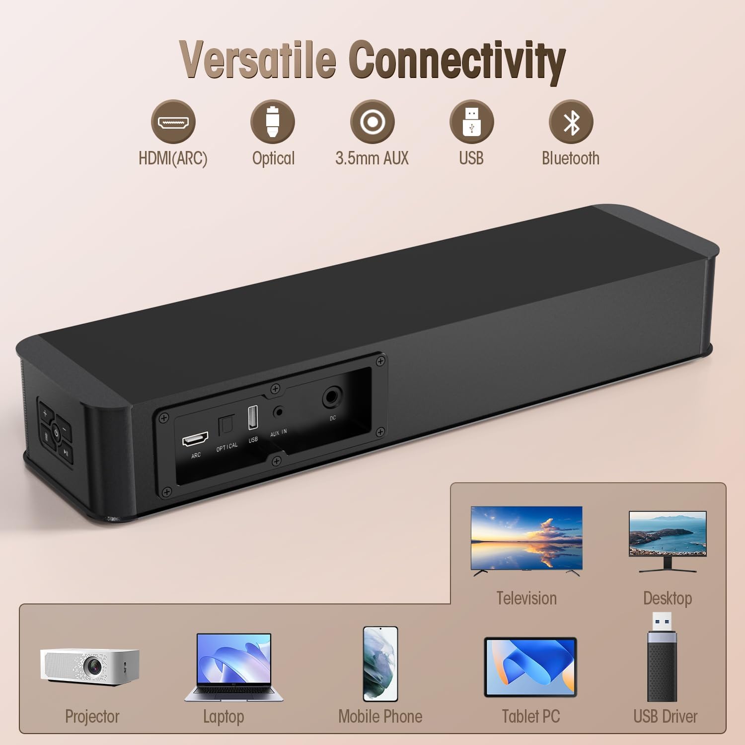 Detalle de BESTISAN 16.5-Inch 2.1 Soundbar with Built-In Subwoofer – HDMI eARC, Bluetooth, USB Playback