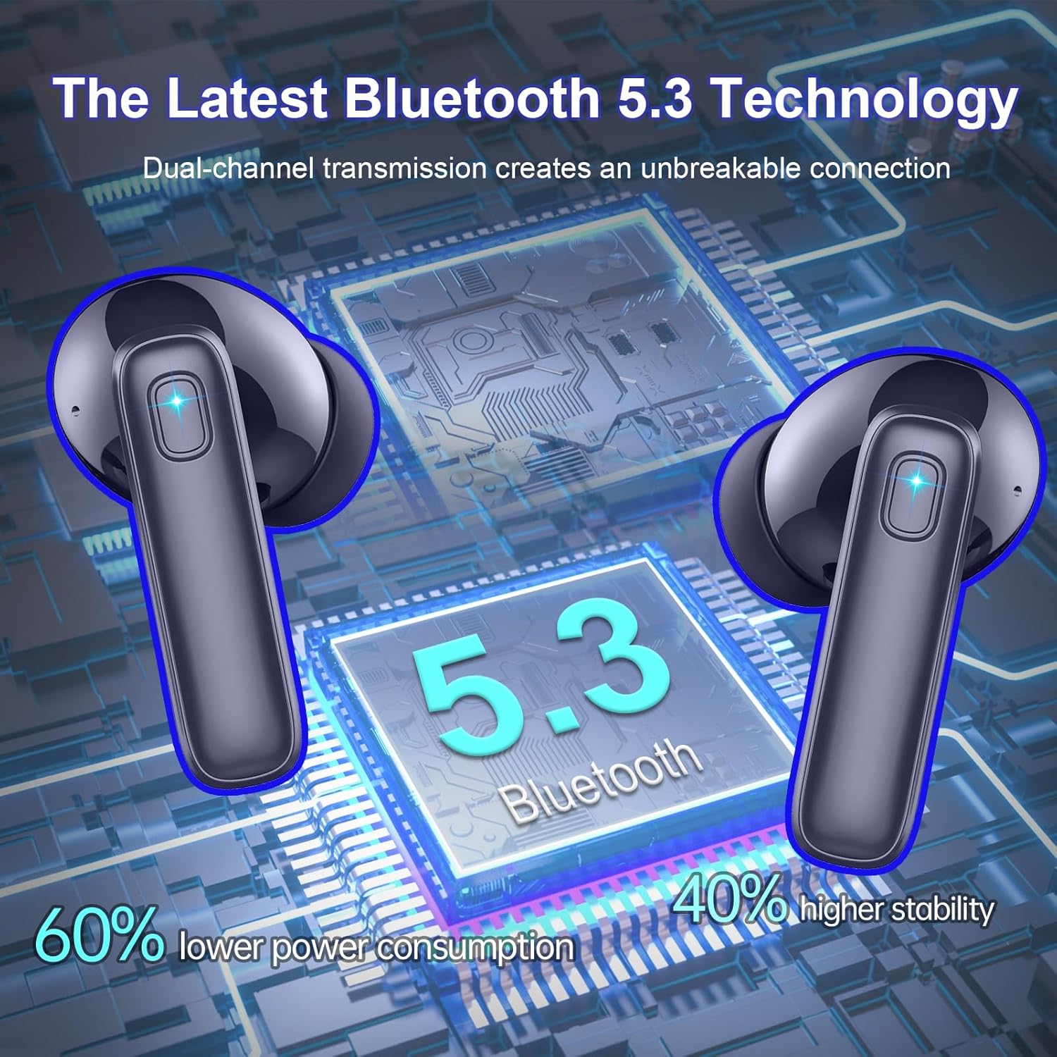 Thumbnail 5 de Ordtop Cuffie Bluetooth 5.3 con display LED, 40 ore e cancellazione rumore microfoni: auricolari wireless per Android/iOS