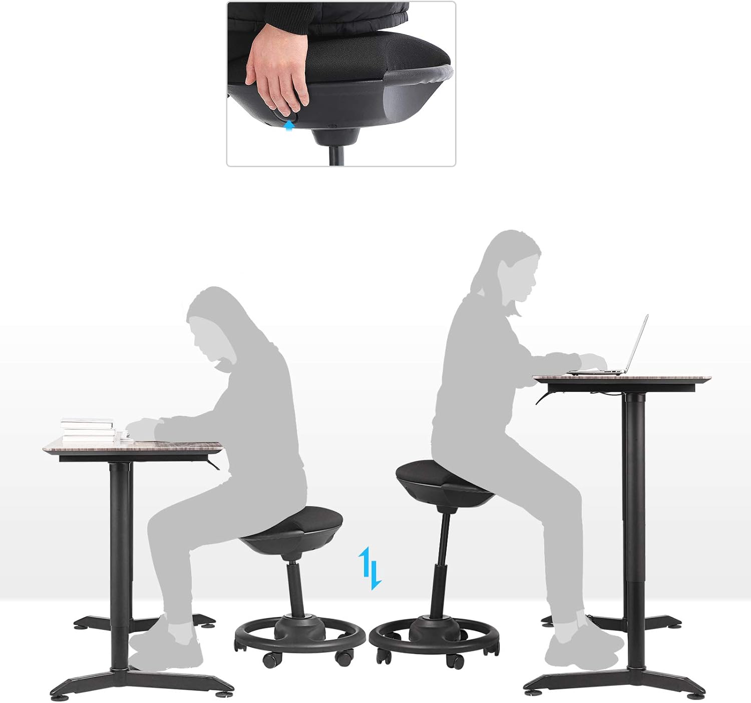 Detalle de SONGMICS OSC06BK dynamischer Arbeitshocker mit Rollen – höhenverstellbar, Drehstuhl mit 10° Neigung