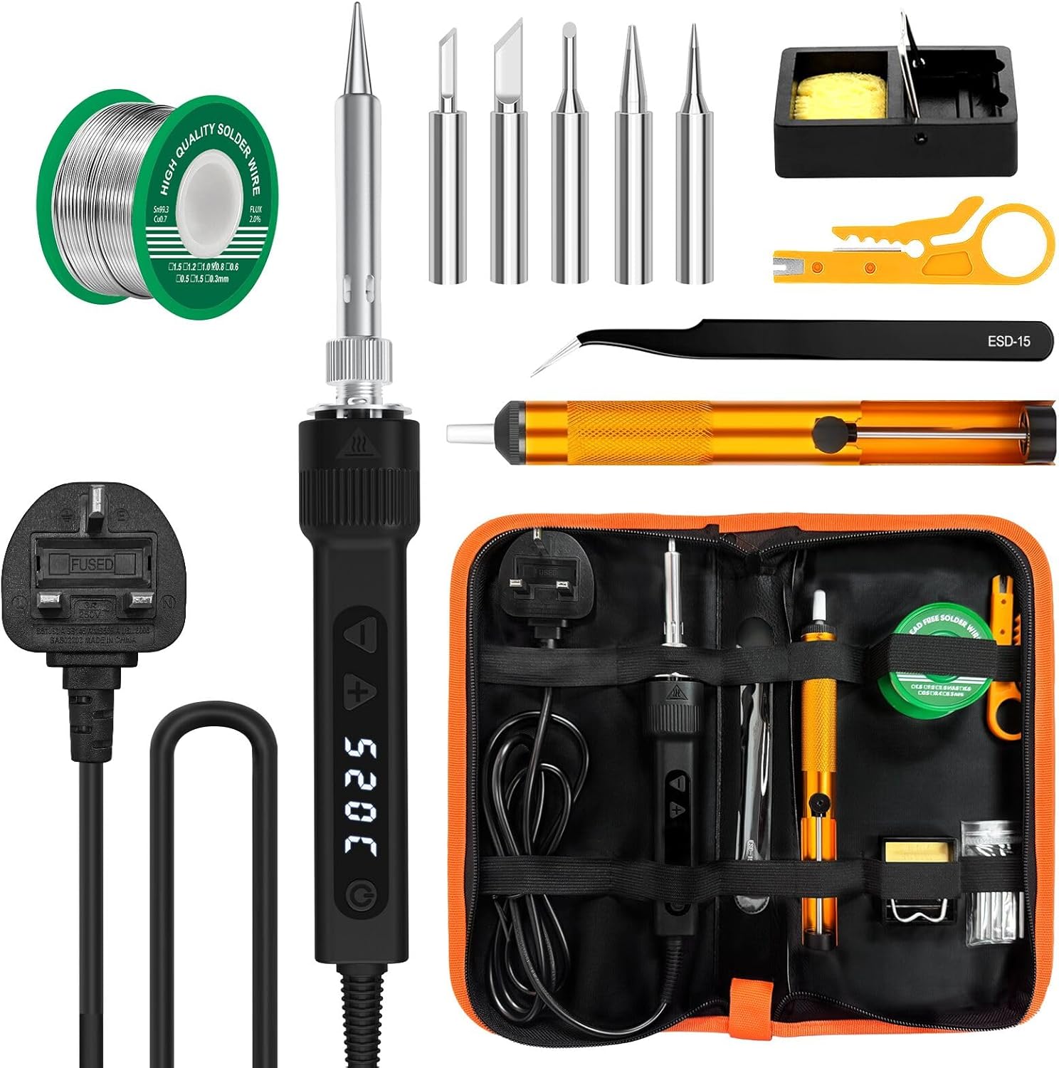 Thumbnail 6 de 80W LCD Adjustable Temperature Soldering Iron Kit (180–520°C) with 5 Tips, 50g Solder Wire & Desoldering Pump