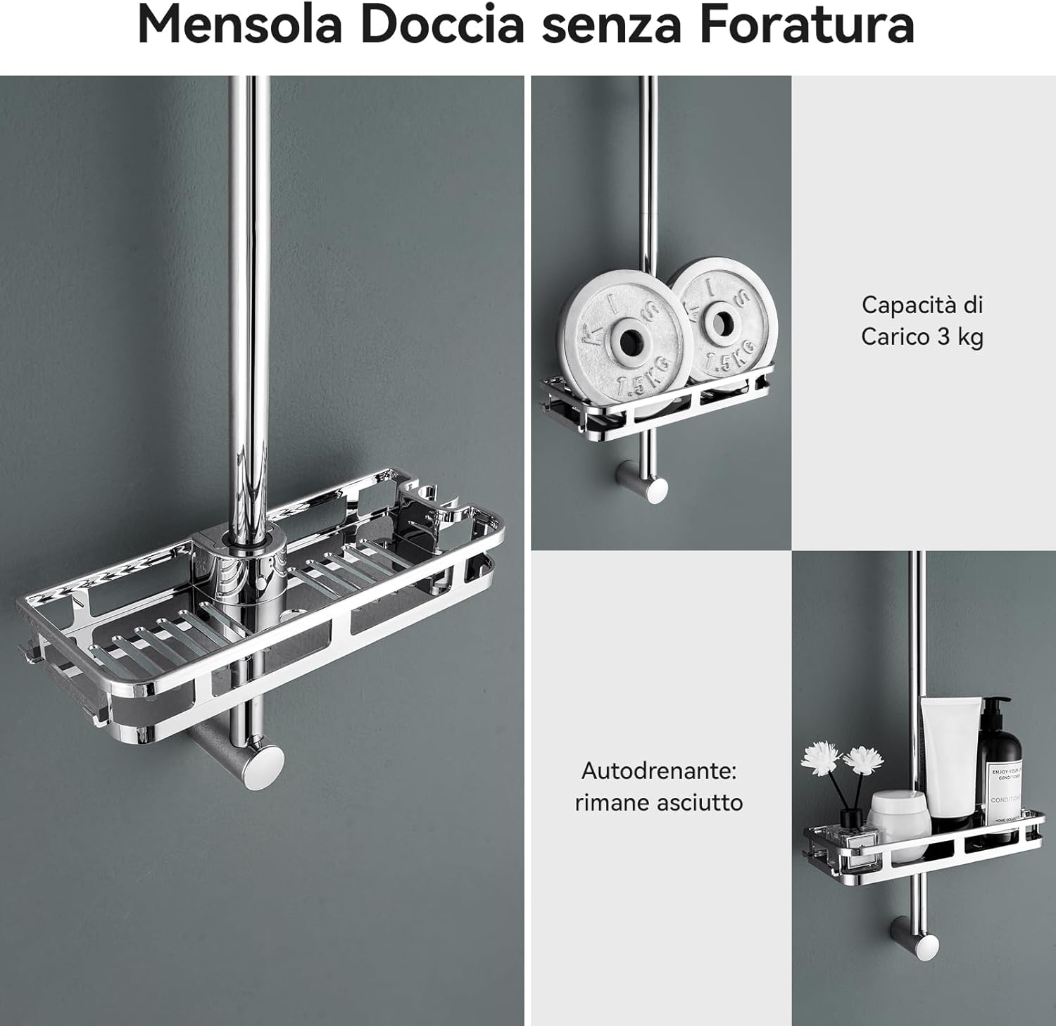 Thumbnail 3 de Auralum Asta Doccia 70cm con Mensola XXL: Colonna Doccia in Acciaio Inox Cromato, Installazione senza Foratura