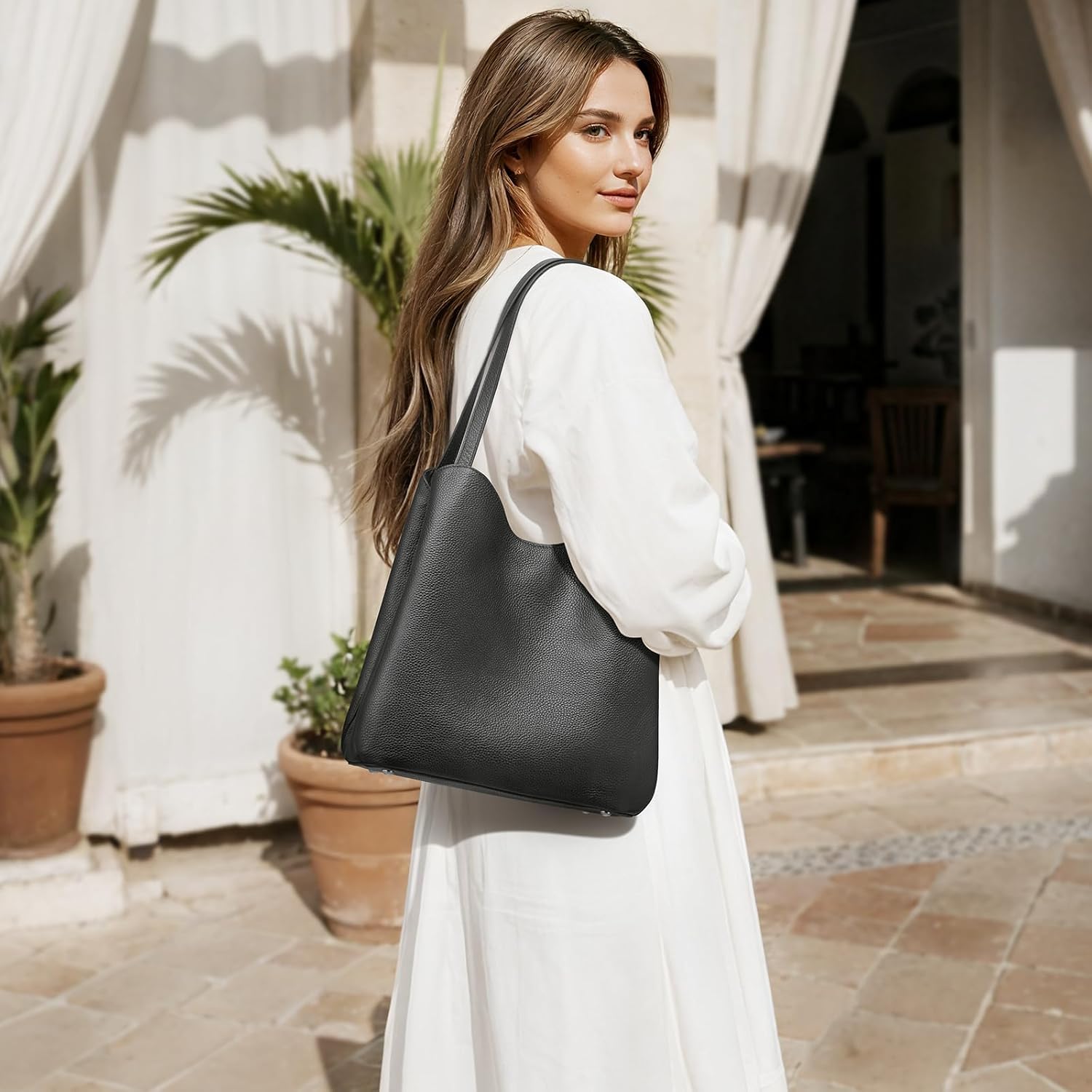 Detalle de S-ZONE Soft Genuine Leather Tote Bag for Women with Zipper & Rivets