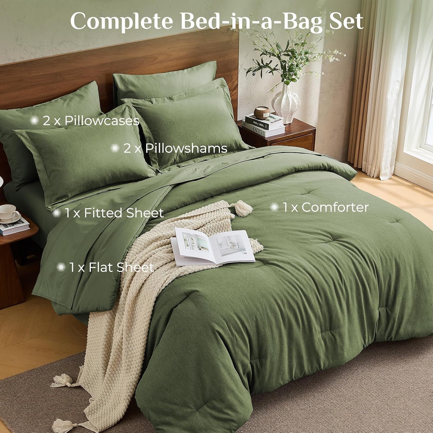 Thumbnail 6 de JOLLYVOGUE Queen 7-Piece Comforter Set, Dark Green, Double-Tone Microfibre
