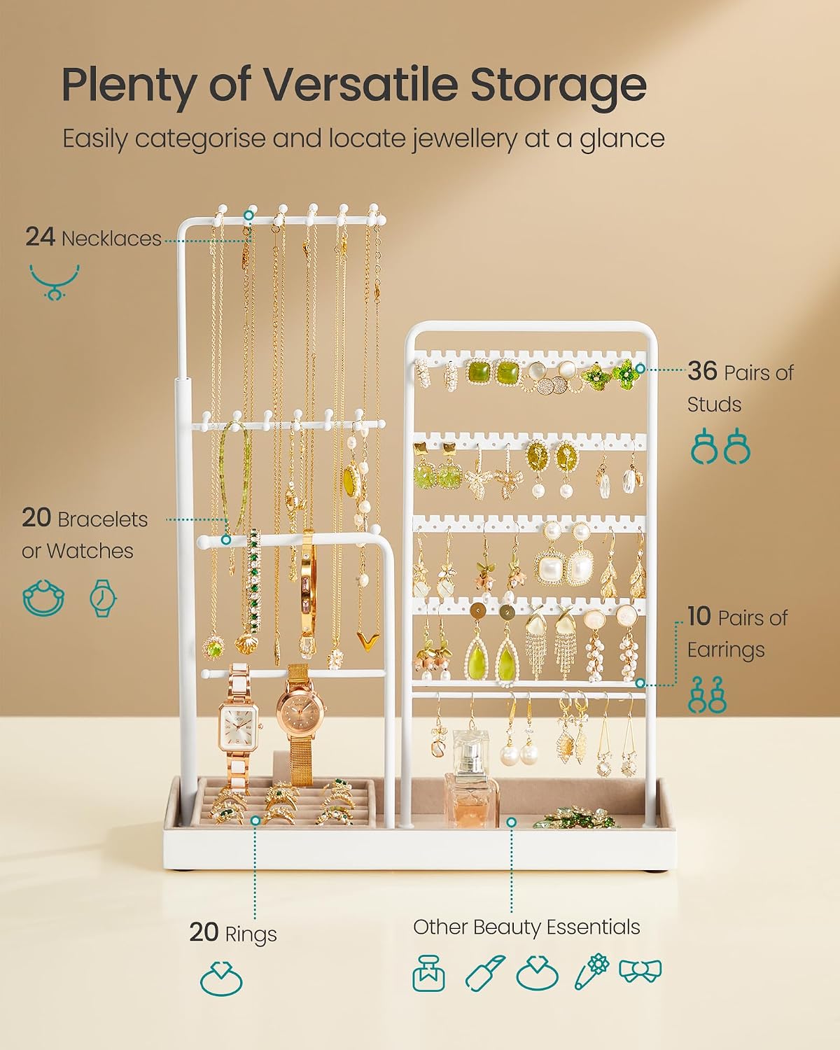 Detalle 2 de SONGMICS CAELEY JJS026W01 Adjustable Jewellery Stand with Velvet-Lined Tray