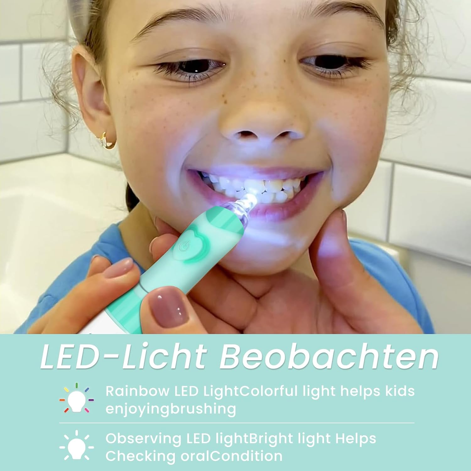 Detalle de seago SG-977 Kinder-Elektrische Zahnbürste (grün) ab 3 Jahren mit Smart-Timer, LED-Licht und 4 weichen Bürstenköpfen