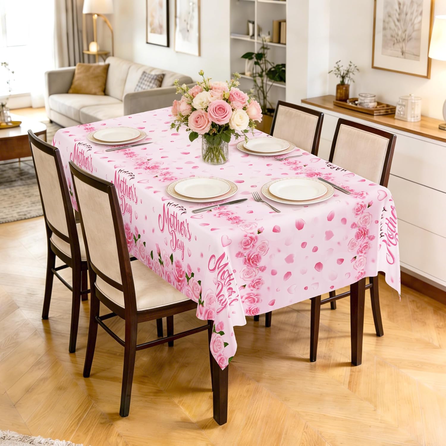 Thumbnail 6 de QZYL 3 Pack Mother's Day Table Cloths (108" x 54"), Pink Waterproof Disposable Decor with Roses