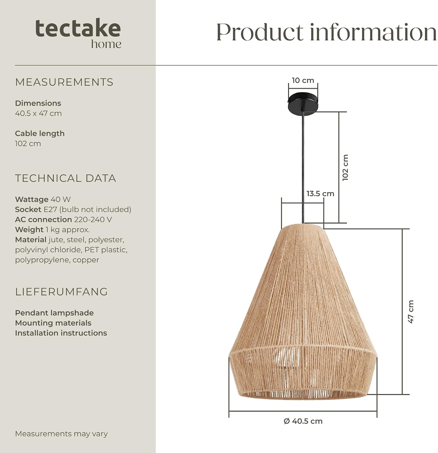 Thumbnail 5 de tectake Suri 406077 pendellampa i jute och stål, E27, 40 W