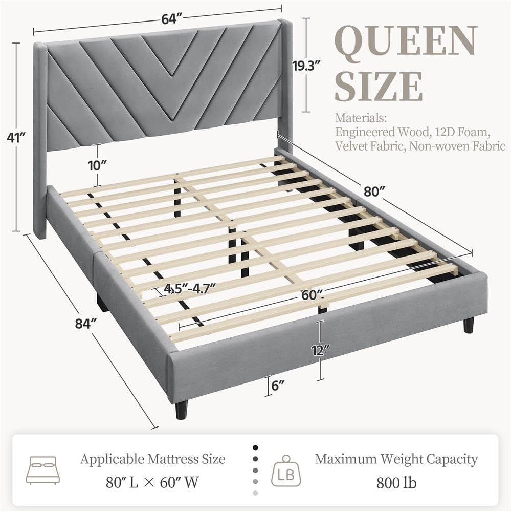 Detalle 2 de Yaheetech Queen Upholstered Bed Frame with Chevron Velvet Headboard, Light Gray