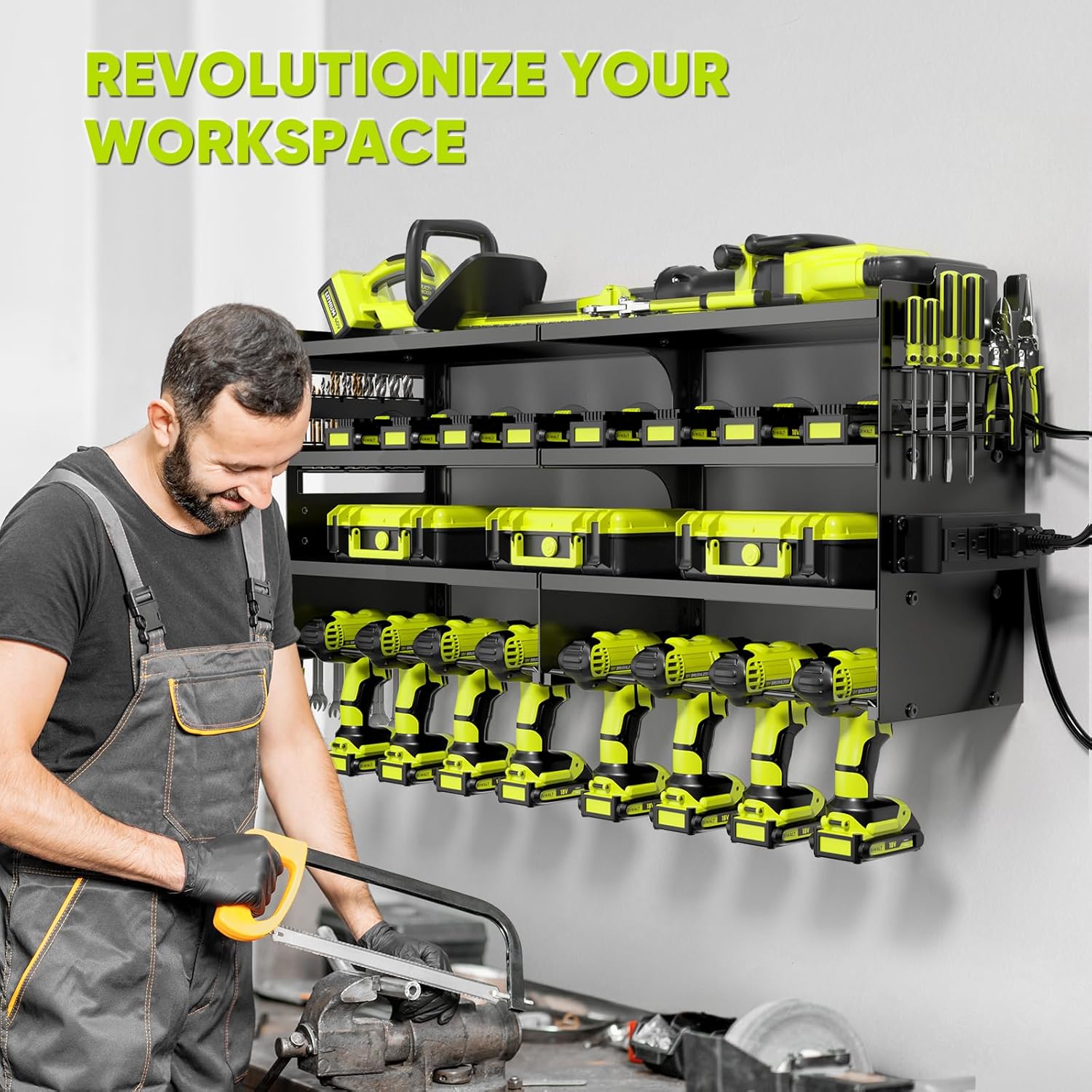 Thumbnail 4 de POKIPO Large Power Tool Organizer Wall Mount with Charging Station (4-Layer Metal Tool Storage Rack)