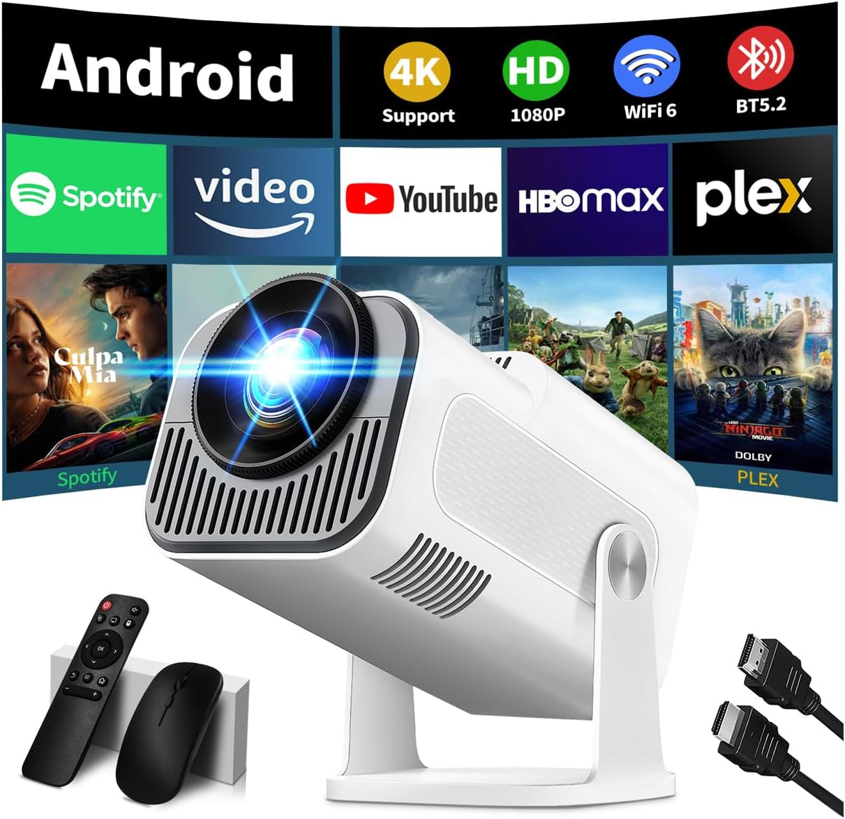 NONETE Proiettore Portatile 1080P/4K con WiFi 6, Bluetooth 5.2 e App Integrata