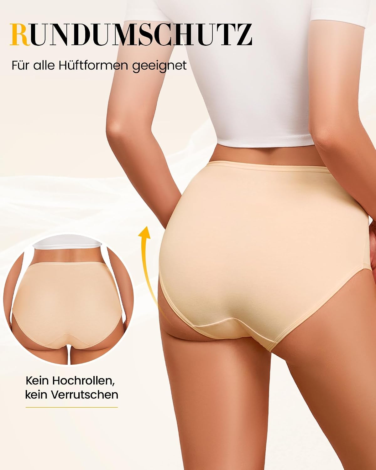 Detalle 2 de SIMIYA Damen Unterhosen aus Baumwolle im 5er-Set (S–5XL), hoher Bund & Hipster-Schnitt