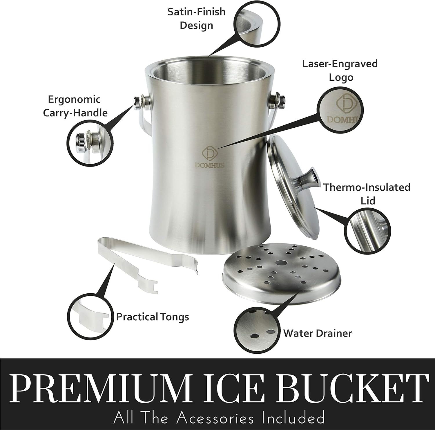Thumbnail 1 de DOMHUS® 2,0L Premium Eiswürfelbehälter – Doppelwandig aus Edelstahl mit Deckel, Zange und Wasserablauf