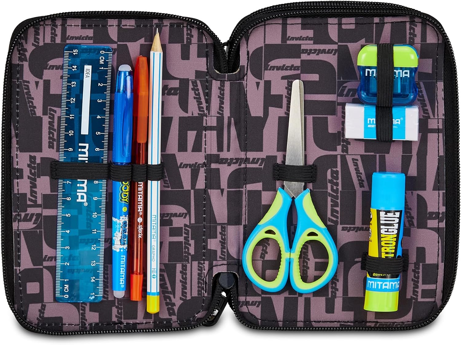 Detalle de Invicta Astuccio Scuola 3 Zip Fantasy blu con portapenne triplo scomparto completo