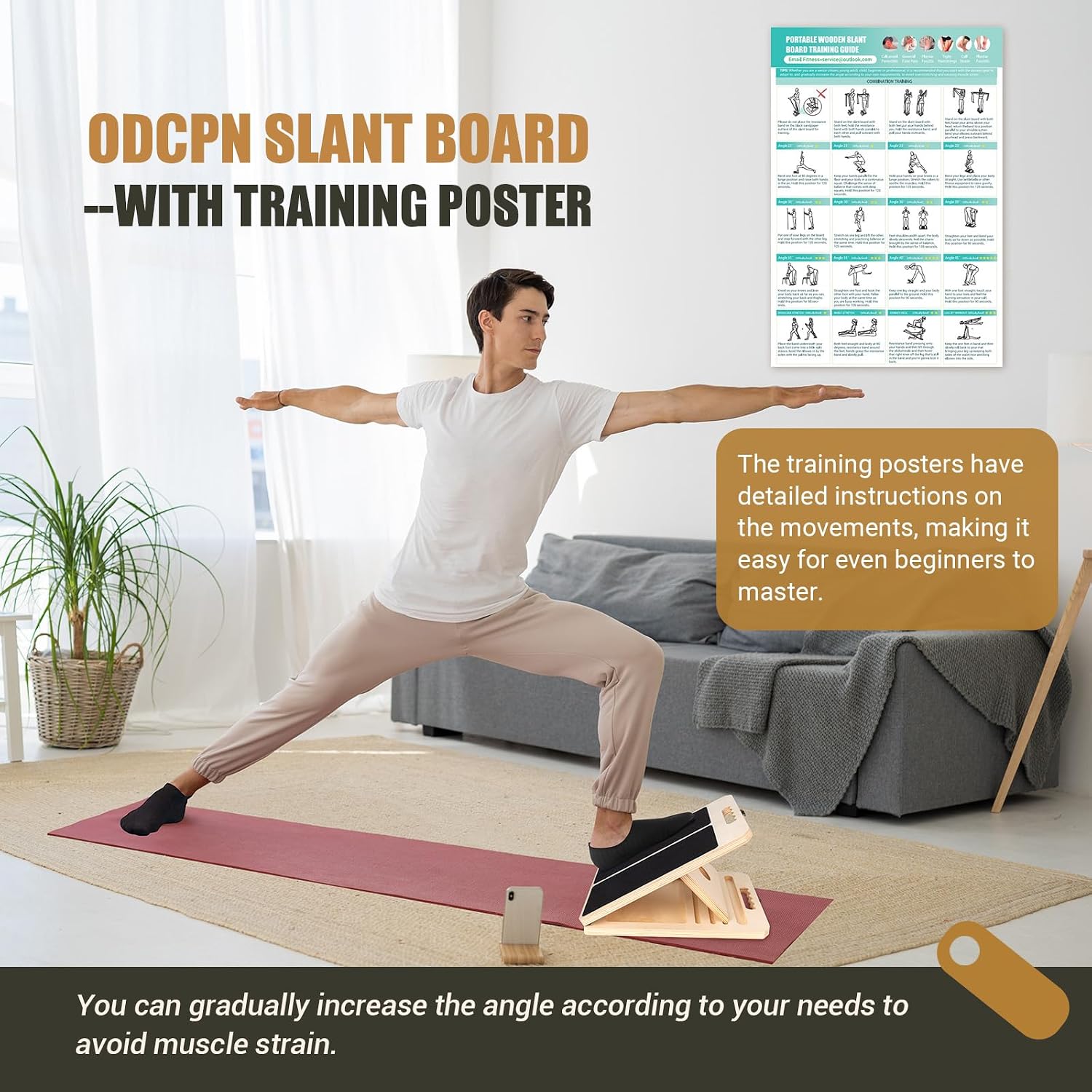 Detalle de ODCPN slant-001 Wooden Calf Stretch Board, 5 Angles and Resistance Bands