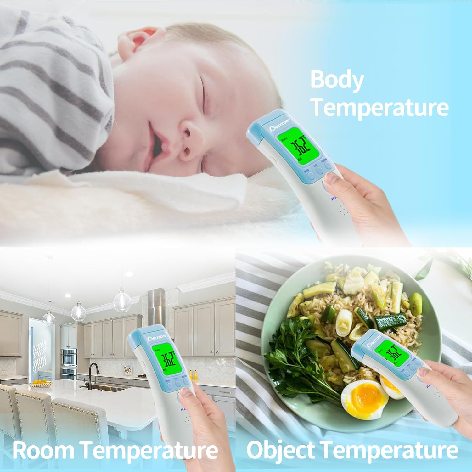 Detalle de Berrcom Fieberthermometer Kontaktlos Stirnthermometer – Infrarot 3-in-1, Fieberalarm, LCD Anzeige